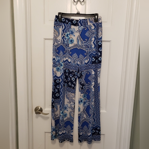 Boston Proper Palazzo Pants Blue Wide Leg Paisley Floral Boho Sz Medium Flowy - Picture 1 of 5